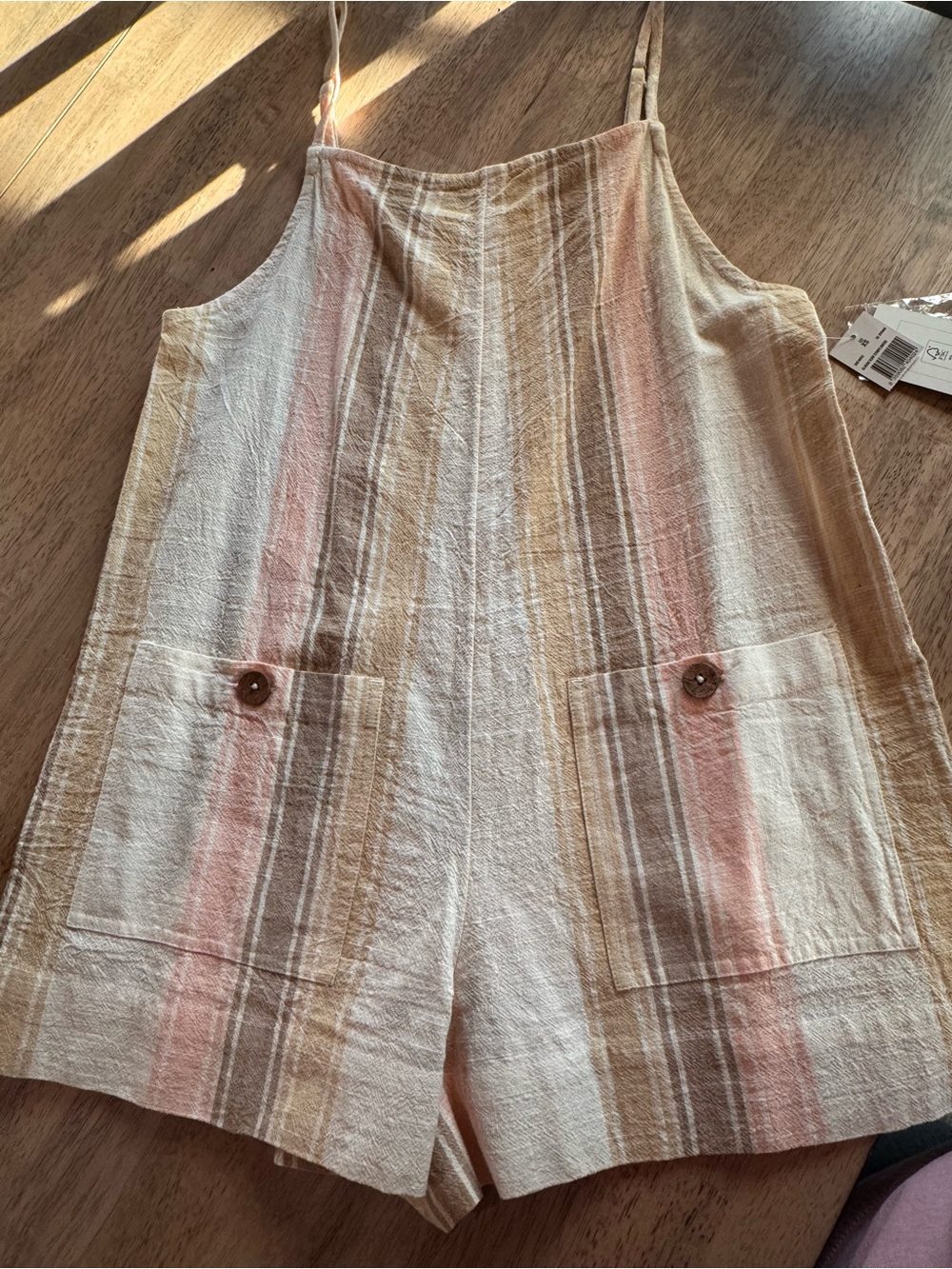 Womens Striped Sleeveless Romper Button Front Pockets Boho Linen Blend Size XS